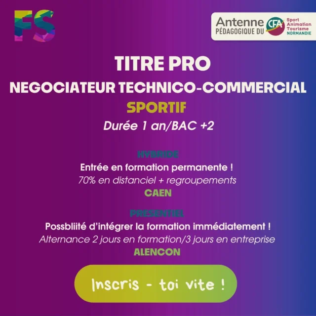 Deviens Commercial sportif !

Une formation d’un an qui te permet de :
🧢 Mener et développer des projets
📊 Accroître la visibilité et les ressources de ta structure sportive
🤝Prospecter et fidéliser de nouveaux partenaires

📲 Inscription et contact en bio !

#formation #apprentissage #sport #educateursportif #educatricesportive #commerce #communication #marketing #sponsoring